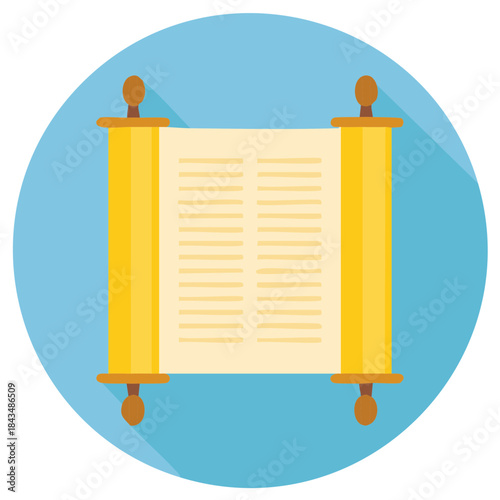 Ancient scroll with text on wooden rollers in a flat design icon