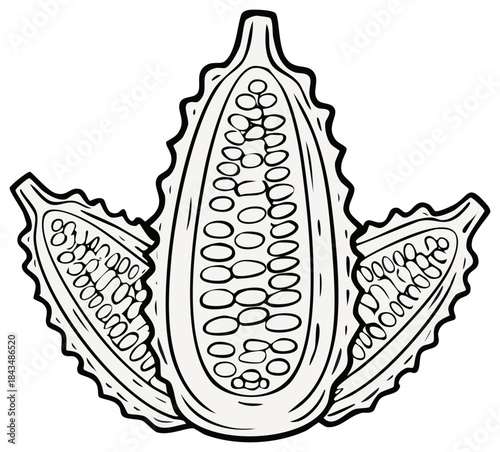 Bitter melon vector illustration of cut fruit and seeds