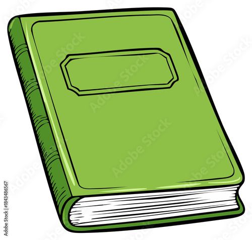 A simple green hardcover book with a blank label, shown in a cartoon vector style illustration