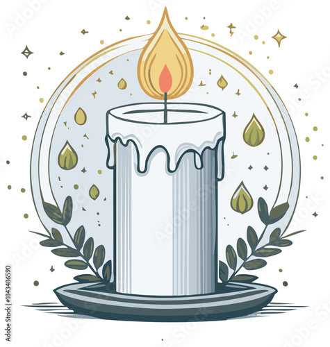 Burning Candle with Gold Accents and Festive Ornaments Illustration