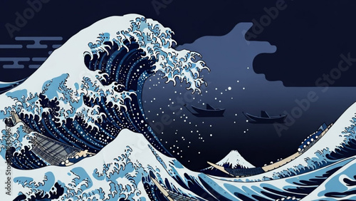 The Great Wave: A stylized depiction of a towering wave, inspired by Japanese art, with crashing crests and delicate boats, evoking the power and beauty of the ocean.