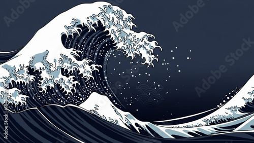 The Great Wave: A mesmerizing display of nature's power, featuring a dynamic wave cresting against a deep, dark sea, captured in a striking artistic composition.