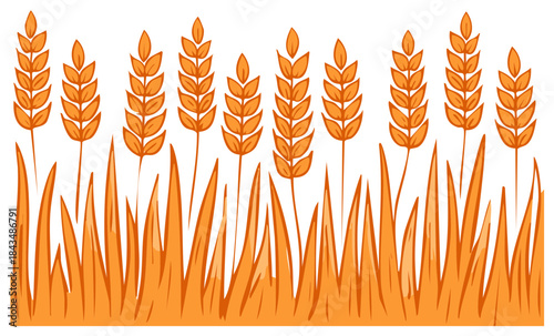 A stylized illustration of a field of golden wheat stalks and blades