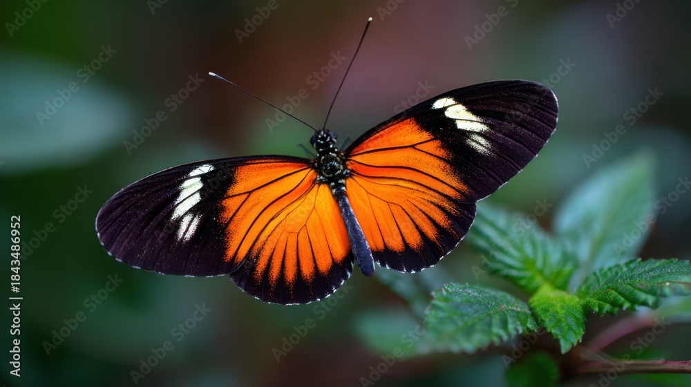 Fototapeta premium Close view of a butterfly resting on a green plant in a natural setting during daytime showcasing its vibrant orange and black wings