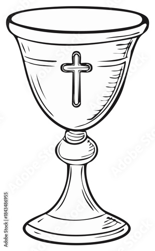 Christian Chalice Drawing with Cross Symbol, Holy Grail illustration, Silver Goblet sketch