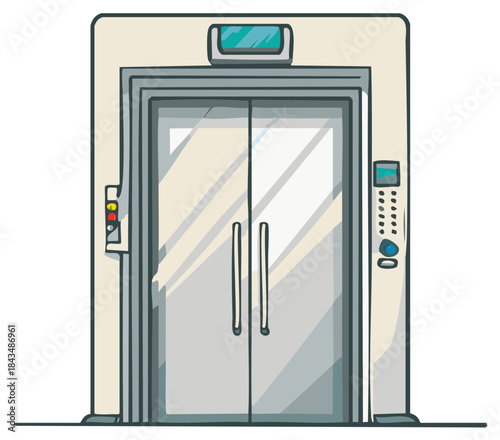 Modern building elevator entrance with closed doors, floor indicator, and control panel buttons