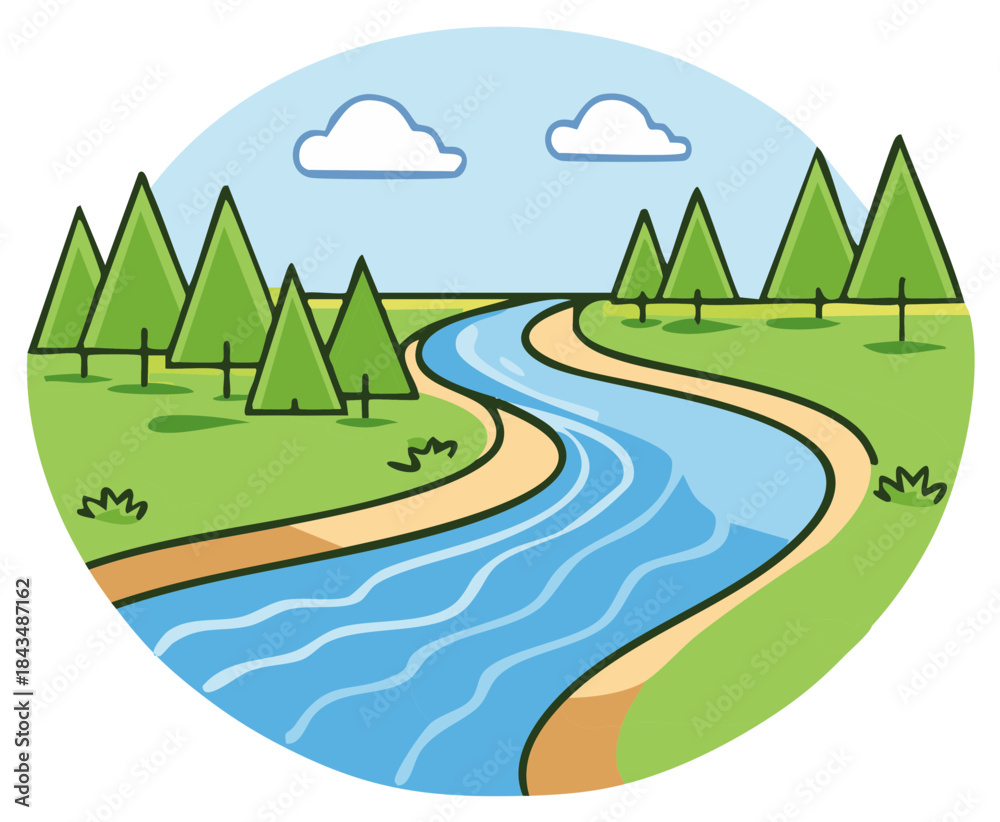 Fototapeta premium Winding River Flowing Through Lush Green Forest Landscape with Blue Sky and Clouds Illustration