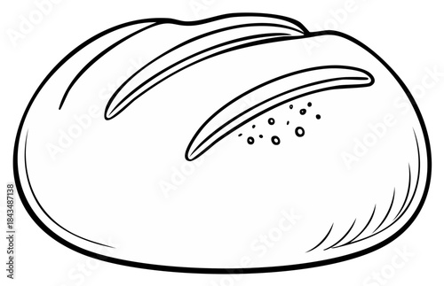Black and white line art drawing of a freshly baked bread loaf or dinner roll
