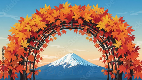 Autumnal Archway: A vibrant archway adorned with fiery fall foliage frames a majestic snow-capped mountain, embodying the beauty and seasonal transition.