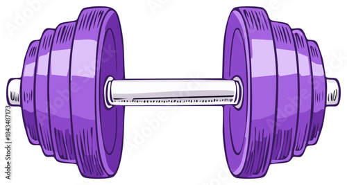 Cartoon illustration of a purple dumbbell for gym and fitness workouts