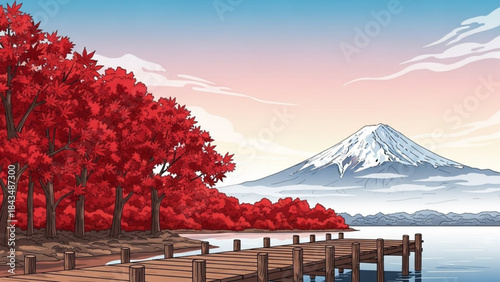 Serene Mount Fuji Scene: The iconic snow-capped peak of Mount Fuji stands majestic, framed by vibrant red foliage. A wooden dock extends into a calm lake.
