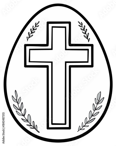 Religious Easter Egg with Christian Cross and Branches Illustration for Coloring