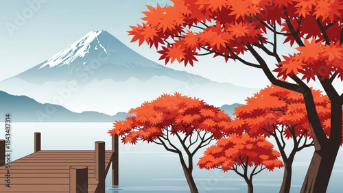 Serene Mountain Vista: A stunning scene unfolds with vibrant autumn trees in the foreground, framing a majestic mountain and tranquil waters. A sense of serenity and natural beauty.