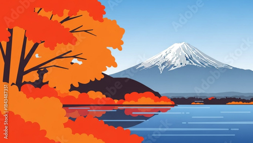 Autumnal Mountain Serenity: An illustration of Mount Fuji rises majestically beside a tranquil lake, framed by the fiery hues of autumn foliage. a scene of peace and the beauty of nature.