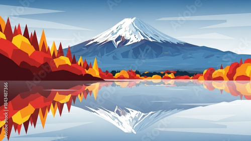 Serene Mountain Reflection: Captivating illustration of a majestic mountain with a snowy peak, reflected perfectly in the tranquil waters below, against a backdrop of colorful autumn foliage.