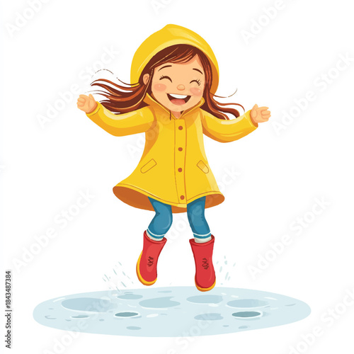 Happy little girl in yellow raincoat jumping in puddles