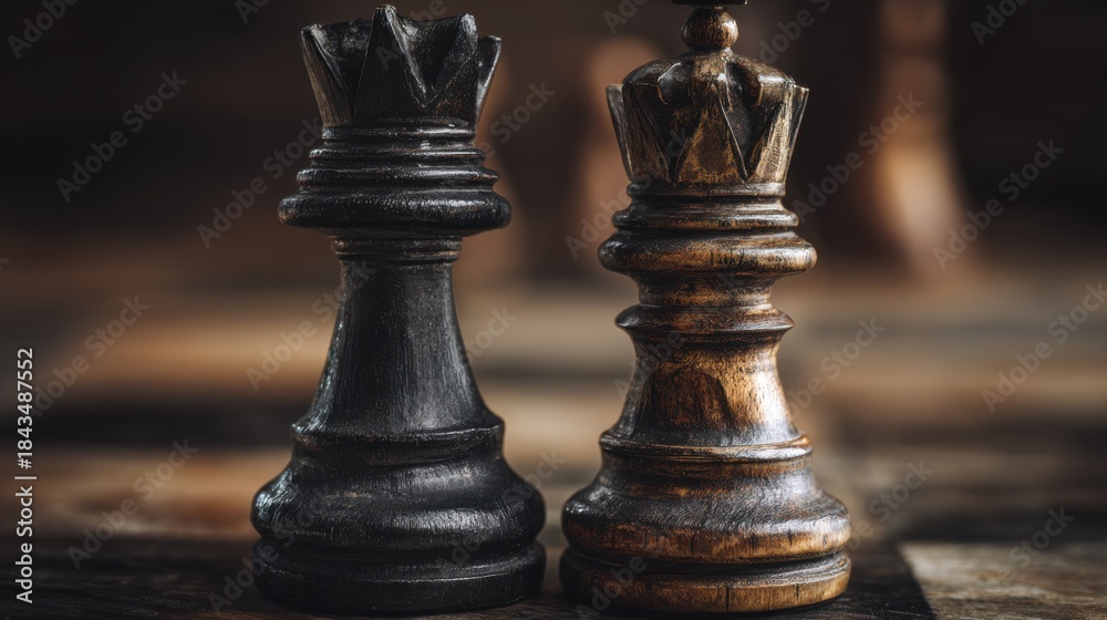 Fototapeta premium Two chess pieces stand in a match on a wooden board indicating a strategic battle between players