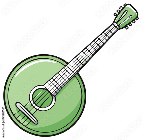 Cartoon illustration of a green banjo. Stylized stringed folk musical instrument for bluegrass or country music.
