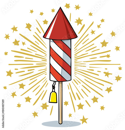 Retro style rocket firework with starburst and golden stars illustration