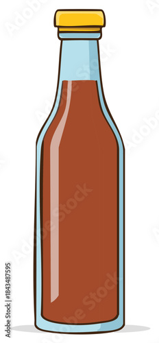 Glass bottle with brown liquid and yellow cap vector illustration