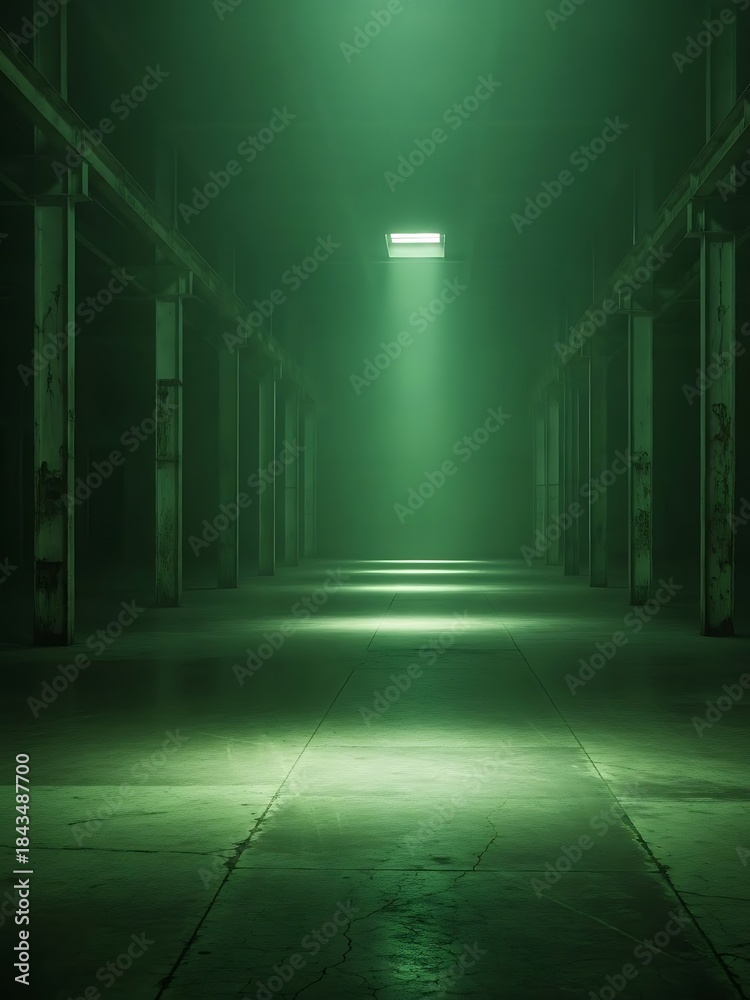 Fototapeta premium Gloomy Warehouse Interior with Green Light Emanating Down the Hall