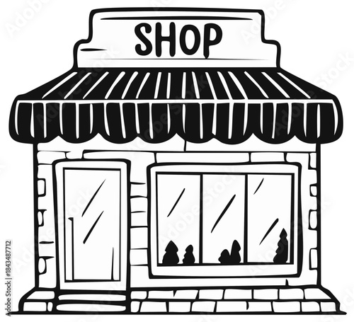Storefront Hand Drawn Vector Shop Illustration with Awning and Display Window