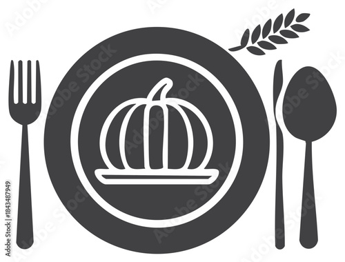 Thanksgiving dinner setting featuring a pumpkin on a plate with cutlery.