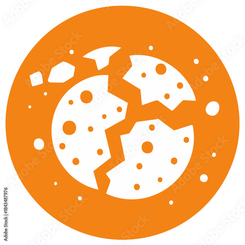 Stylized broken planet or cracked cookie icon with scattered fragments in an orange circle