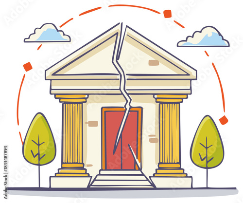 Cracked bank building illustration symbolizing financial institution crisis and economic instability