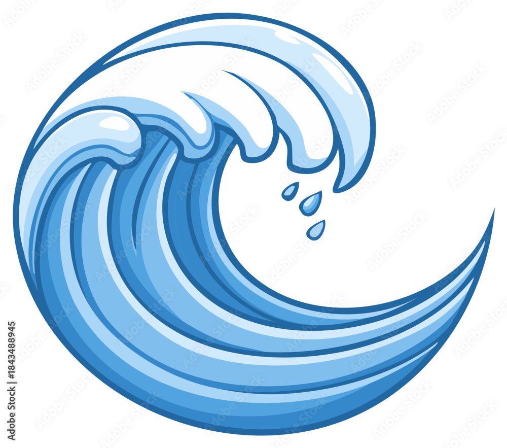Obraz premium Cartoon-style illustration of a large ocean wave with water droplets.