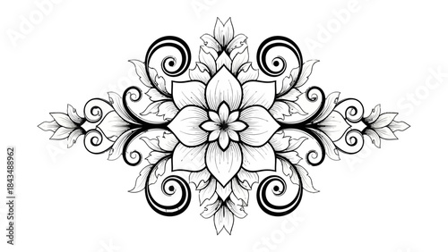Intricate black and white symmetrical floral design with swirling patterns and leaves, perfect for decorative elements or tattoo art.