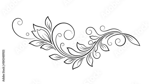 Elegant black and white floral scroll design with leaves and swirling tendrils.