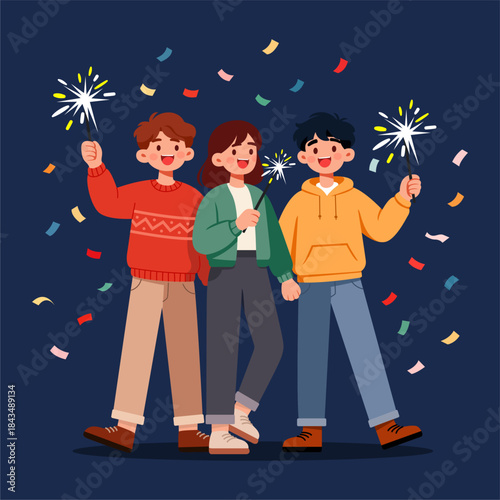 Friends Celebrating with Sparklers and Confetti. Simple cartoon flat illustration