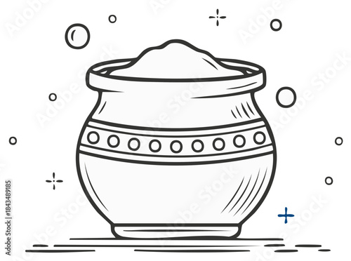 Line art illustration of a traditional pot with gulal powder for the Indian Holi festival of colors