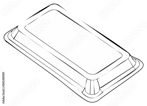 Isolated black and white line drawing of a plastic takeout or meal prep container