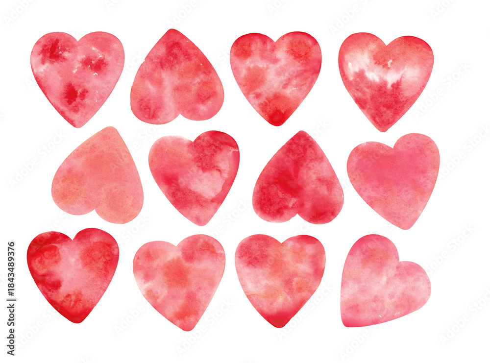 Fototapeta premium Red valentines hearts set. Cute hearts hand drawn with watercolor. Romantic collection of ornated hand painted hearts. Valentine's day clip art 