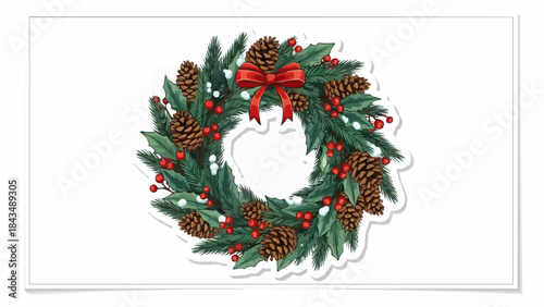 Vibrant Christmas wreath with pinecones and red berries on white background