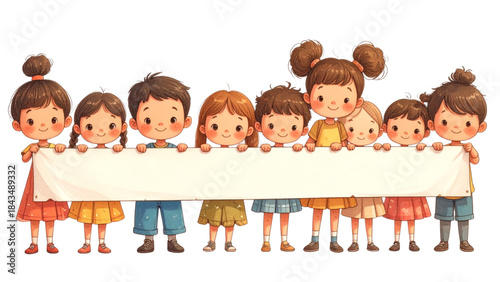 Happy cartoon children group with a blank banner vector illustration