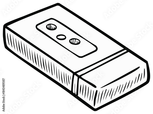 Hand drawn black and white outline illustration of a vintage audio cassette tape
