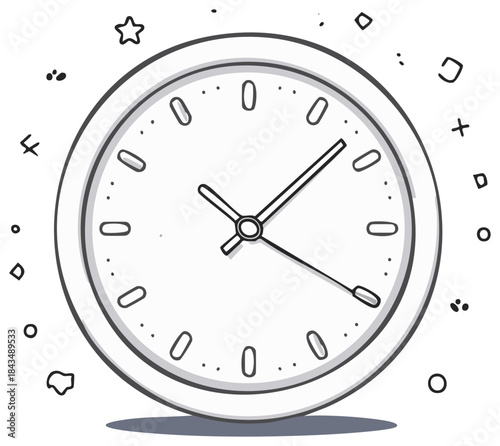 Hand drawn analog clock illustration with abstract doodle elements for time concepts