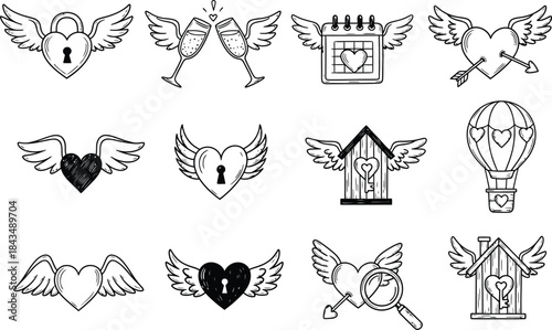 Collection of hand drawn winged heart icons for valentines day and love concepts