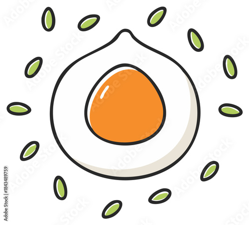 Stylized illustration of a fried egg with seeds or grains radiating outward