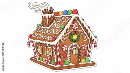 Festive gingerbread house with icing and candy decorations for Christmas