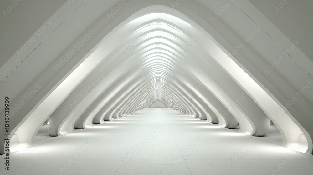 Obraz premium Futuristic Minimalist Hallway Interior With Smooth White Surfaces and Vanishing Point Perspective in a Modern Building Setting