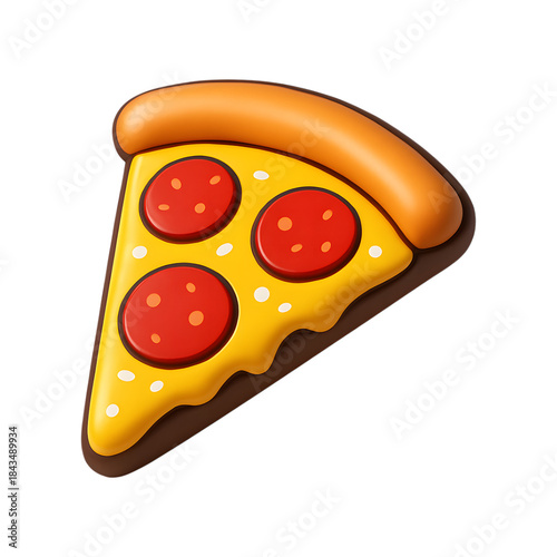 A delightful and vibrant 3d rendered cartoon pizza slice with pepperoni and a golden crust isolated on transparent background, illustration