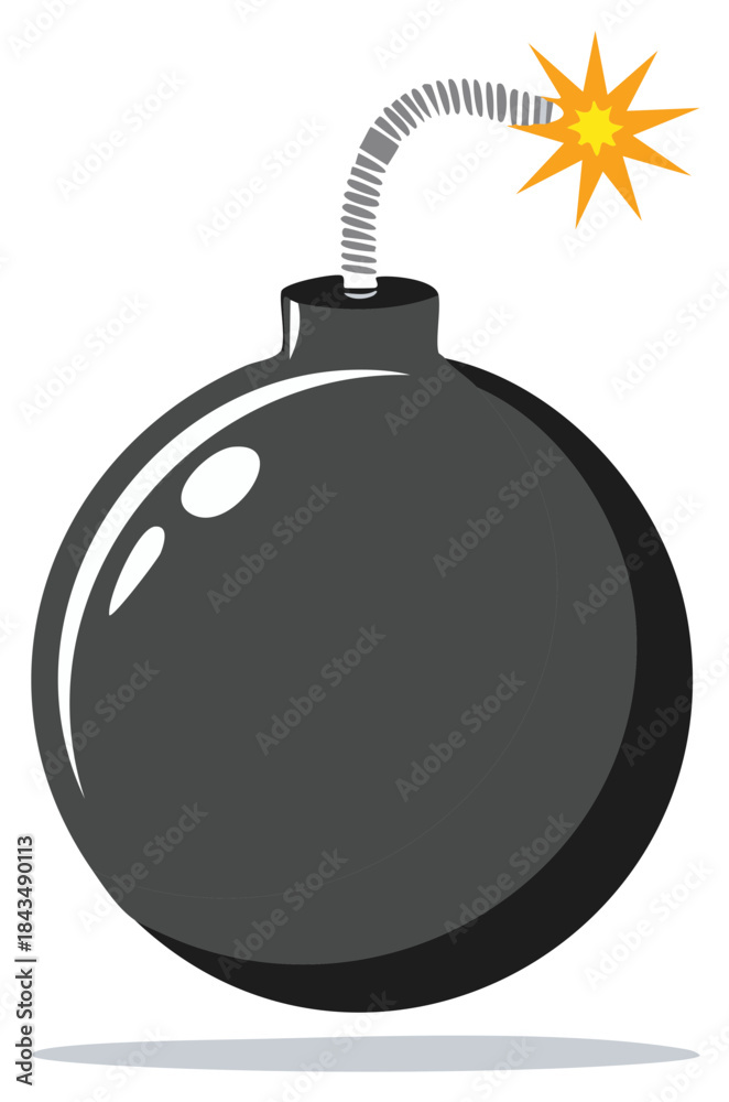 Fototapeta premium Classic cartoon bomb illustration with a burning fuse and sparking ignition