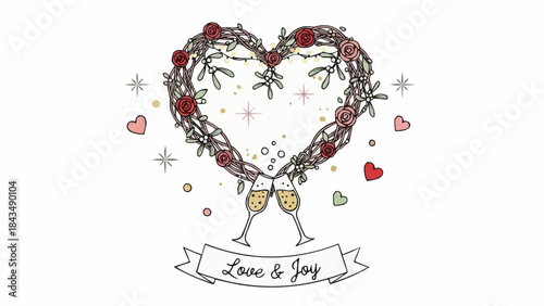 Romantic heart wreath with champagne glasses and flowers