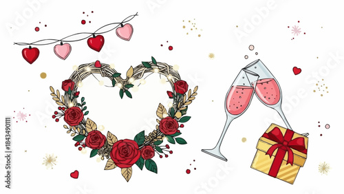 Romantic Valentine's Day celebration with heart wreath and champagne