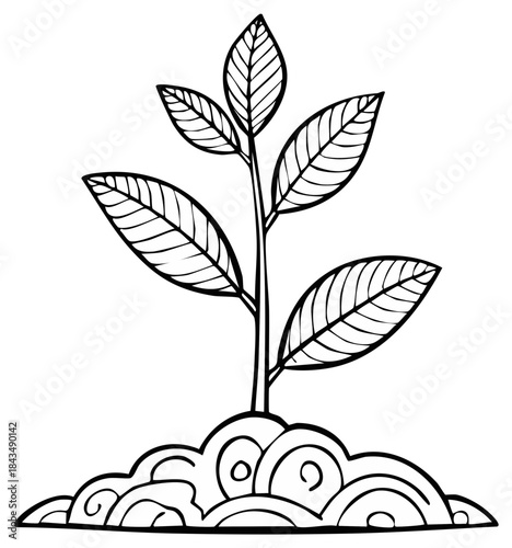 Simple black and white line art of a young plant sprout growing from the soil