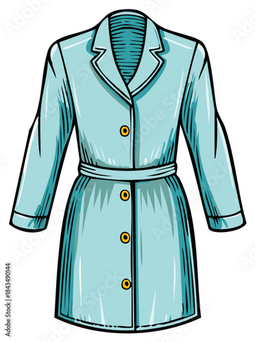 Illustration of an Open Light Blue Overcoat with a Belt and Gold Buttons